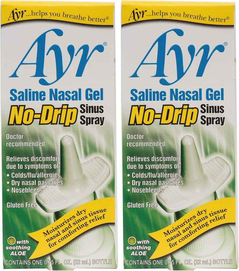 Saline Nasal Gel No-drip Sinus Spray with Soothing Aloe Vera, 0.75 Fl Oz Spray Bottle, (Pack of 2)