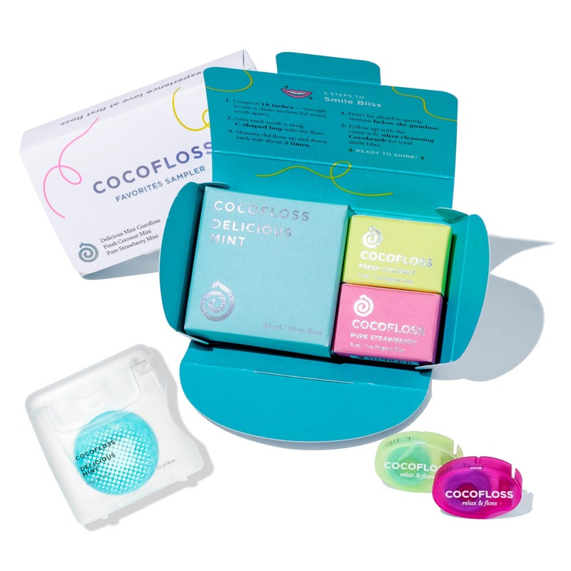 Cocofloss Woven Dental Floss, Favorites Sampler, Dentist-Designed Oral Care with Coconut Oil, Waxed, Vegan, Kid-Friendly, 1 Mint (33 yd), 2 Travel in Coconut, Strawberry (8 yd) - Image 1
