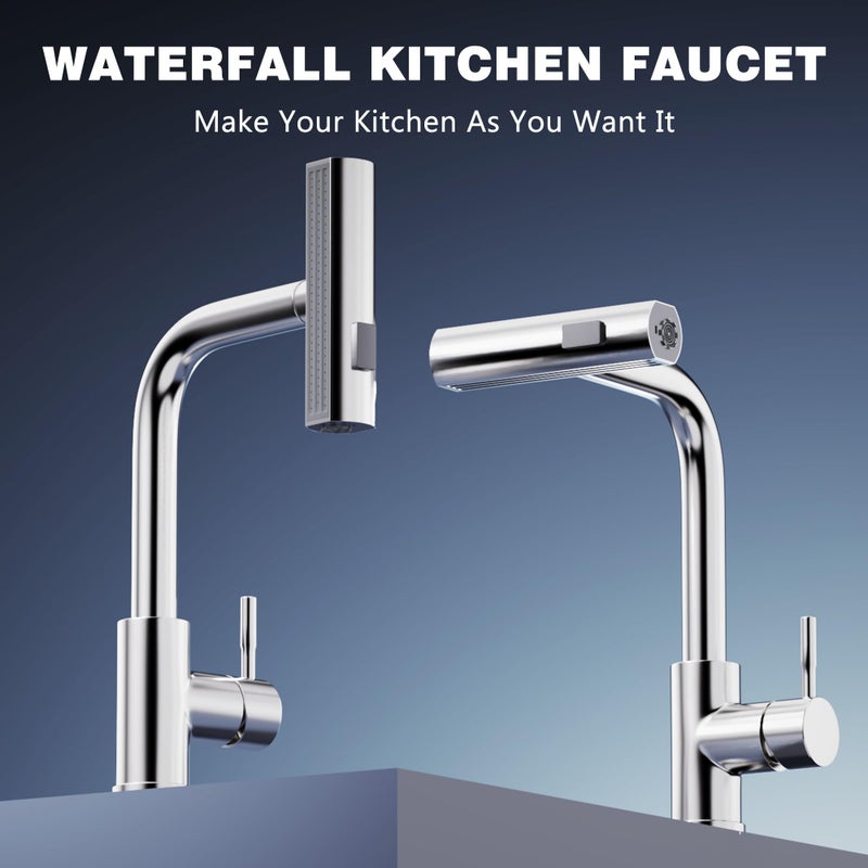 GIMILI Kitchen Faucet with Pull Down Sprayer Brushed Nickel Waterfall Modern Kitchen Sink Faucet - Image 3