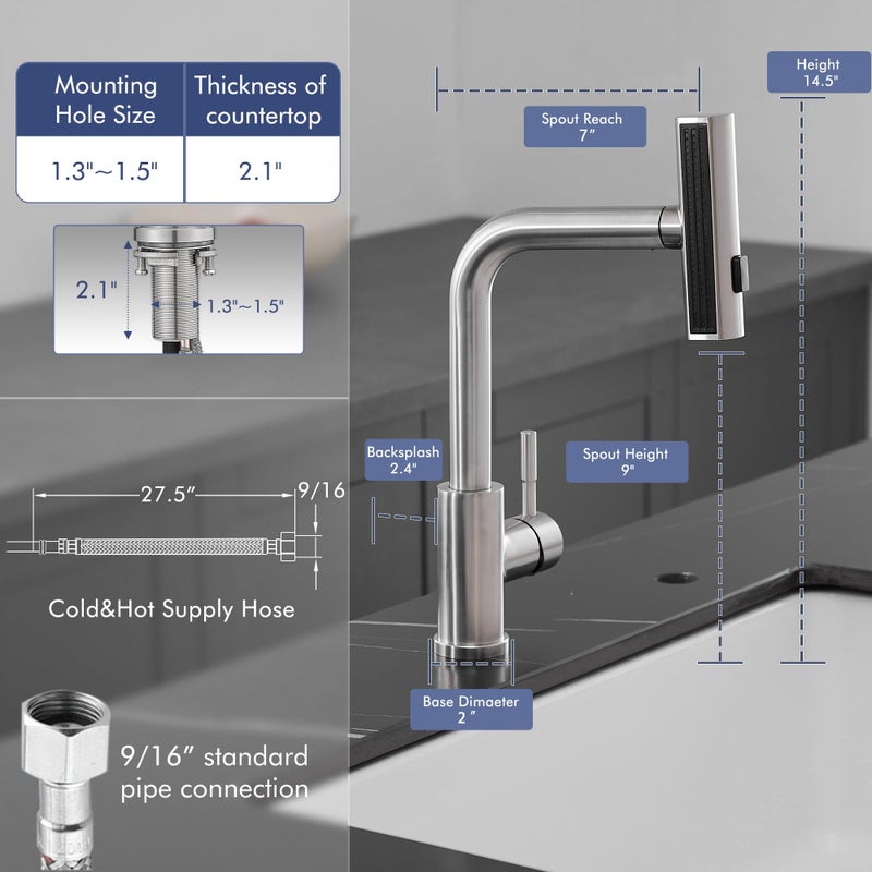 GIMILI Kitchen Faucet with Pull Down Sprayer Brushed Nickel Waterfall Modern Kitchen Sink Faucet - Image 2