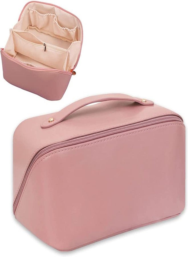 LYDL Large Capacity Travel Cosmetic Bag for Women,Travelling Opens Flat Makeup Bag Leather Cosmetic Bag Waterproof,Multifunctional Storage Travel Toiletry Bag Skincare Bag (Pink) - Image 1