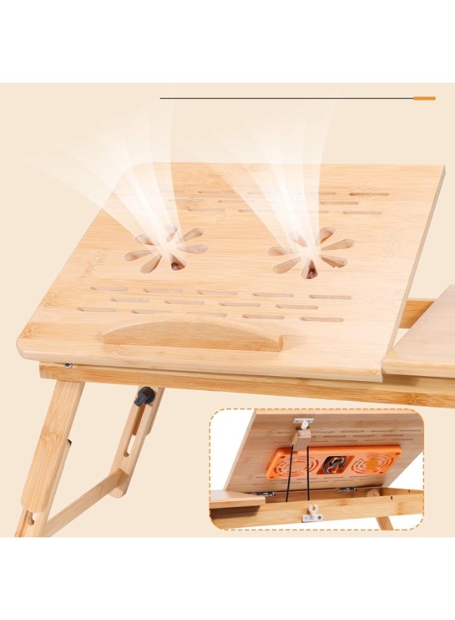 NANAO طاولة لابتوب من الخيزران مع مروحة تبريد، صينية سرير قابلة للطي للإفطار، الكتابة، والرسم، مع سطح مائل ودرج، طاولة محمولة للسرير، الأريكة، والأرض. - Image 5