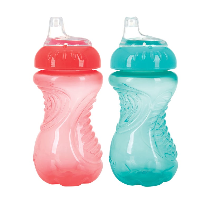 Nuby 2 Pack Sippy Cups with Soft Spout - 10 Oz Toddler Cups Spill Proof with Easy Grip - Dishwasher Safe (Aqua & Coral) - Image 1