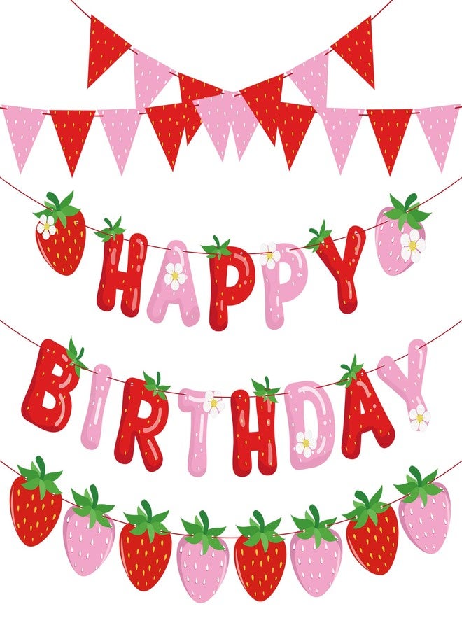Maniaacer 5 Packs Strawberry Happy Birthday Banner Strawberry Themed Paper Garland Red Pink Pennant Flags Bunting Banners Berry Sweet Birthday Party Decorations for Girls Birthdays Party Decor - Image 1