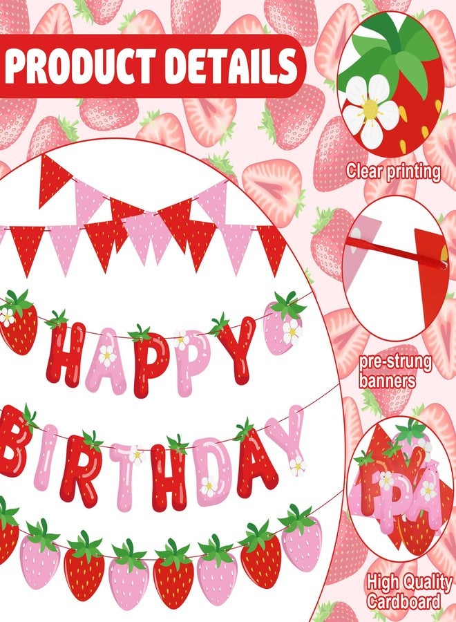 Maniaacer 5 Packs Strawberry Happy Birthday Banner Strawberry Themed Paper Garland Red Pink Pennant Flags Bunting Banners Berry Sweet Birthday Party Decorations for Girls Birthdays Party Decor - Image 3