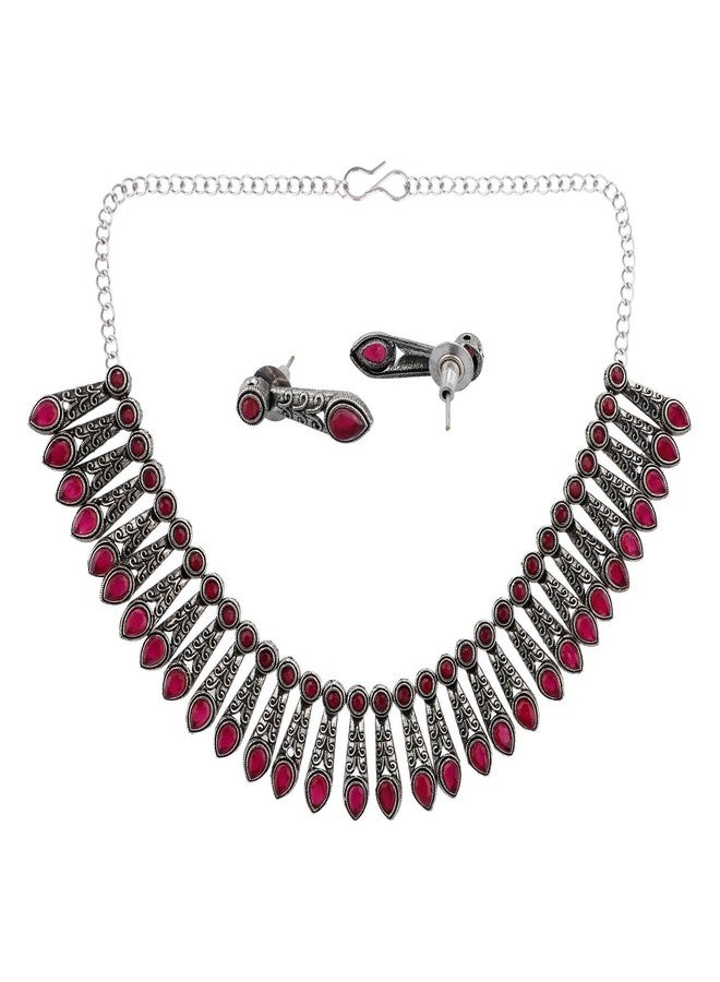 Efulgenz Oxidised Jewellery Indian Necklace Set Indian Oxidized Jewelry Sets for Women Boho Floral Drop Pink Choker Necklace Dangle Earrings Set - Image 5