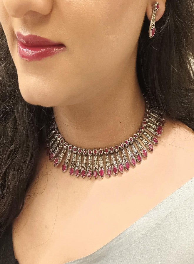 Efulgenz Oxidised Jewellery Indian Necklace Set Indian Oxidized Jewelry Sets for Women Boho Floral Drop Pink Choker Necklace Dangle Earrings Set - Image 3