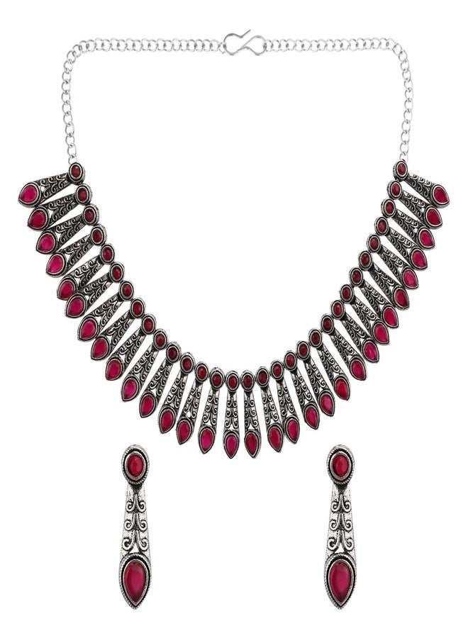Efulgenz Oxidised Jewellery Indian Necklace Set Indian Oxidized Jewelry Sets for Women Boho Floral Drop Pink Choker Necklace Dangle Earrings Set - Image 1