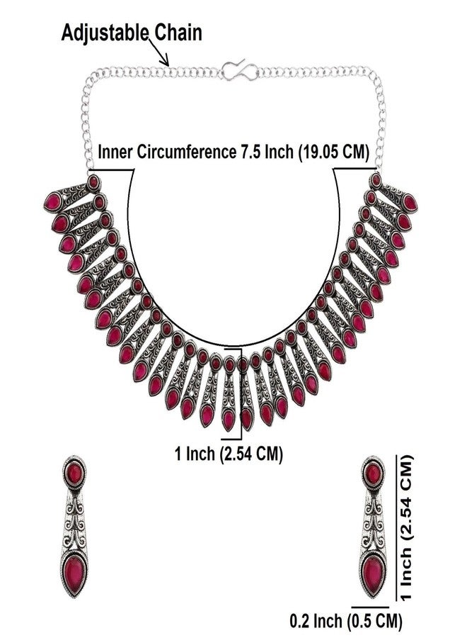 Efulgenz Oxidised Jewellery Indian Necklace Set Indian Oxidized Jewelry Sets for Women Boho Floral Drop Pink Choker Necklace Dangle Earrings Set - Image 4
