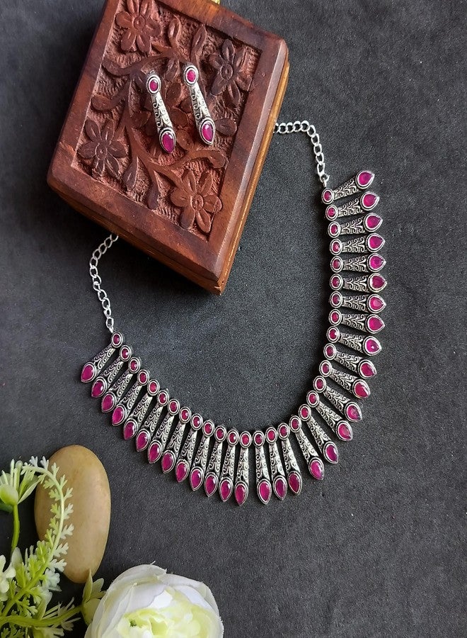 Efulgenz Oxidised Jewellery Indian Necklace Set Indian Oxidized Jewelry Sets for Women Boho Floral Drop Pink Choker Necklace Dangle Earrings Set - Image 2