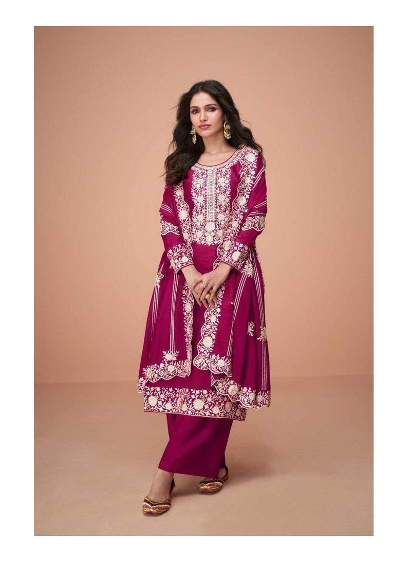 Grab Mantra Premium Silk Dark Pink Salwar Kameez With Inner Having Thread Embroidery Plus Dupatta  - Image 3