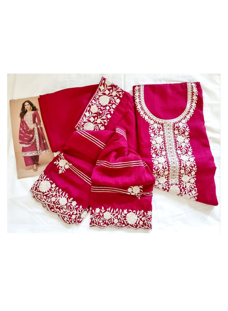 Grab Mantra Premium Silk Dark Pink Salwar Kameez With Inner Having Thread Embroidery Plus Dupatta  - Image 2