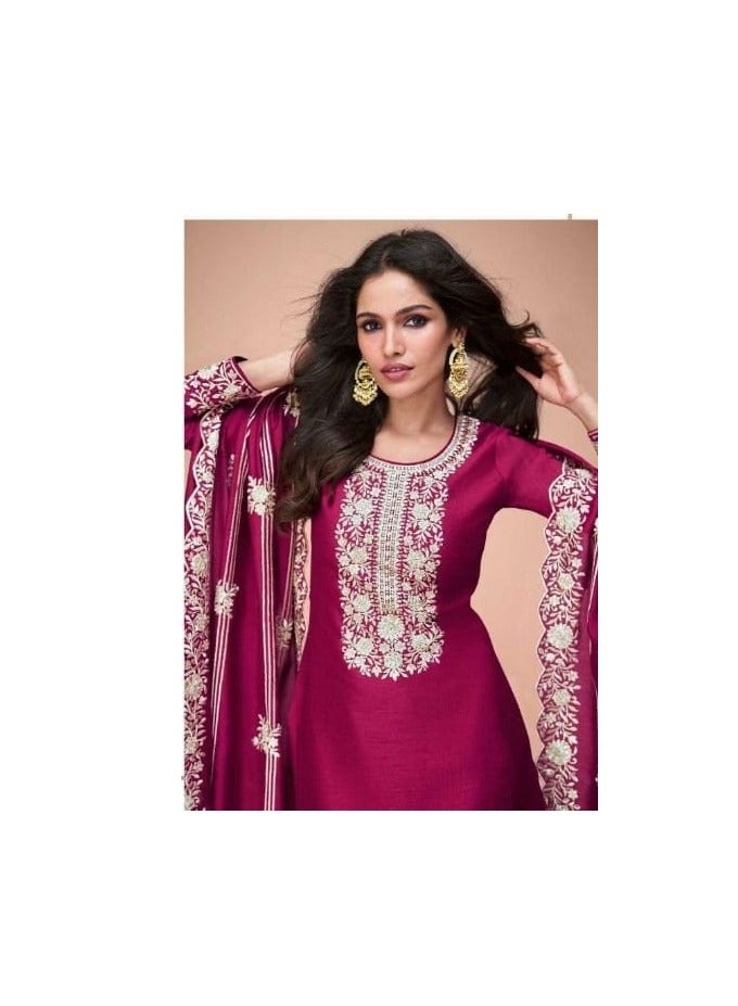 Grab Mantra Premium Silk Dark Pink Salwar Kameez With Inner Having Thread Embroidery Plus Dupatta  - Image 4