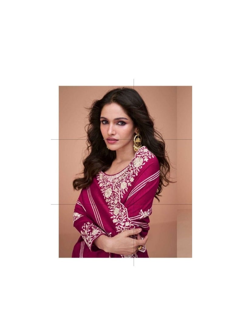 Grab Mantra Premium Silk Dark Pink Salwar Kameez With Inner Having Thread Embroidery Plus Dupatta  - Image 5