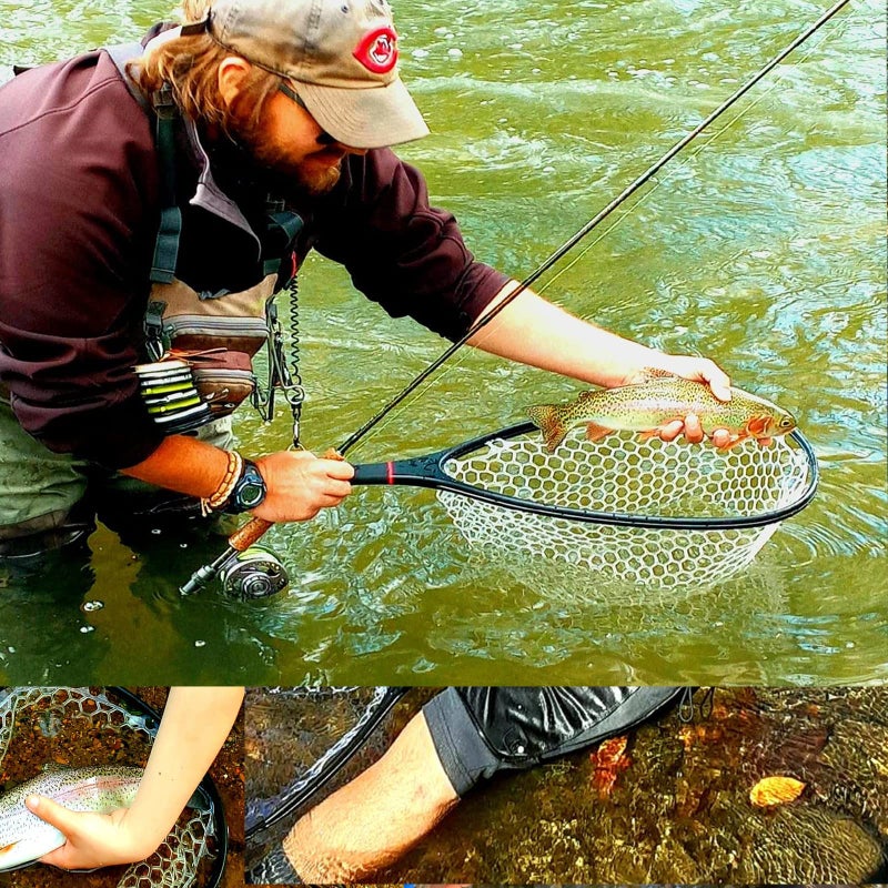 Aventik Fly Floating Fishing Carbon Fiber Landing Net Clear Rubber Ghost Net Catch & Release with Magnetic Net Release(Long Handle withblack with Magnetic Release) - Image 3