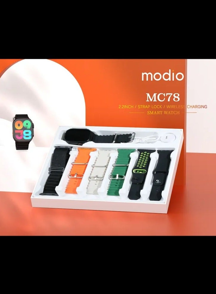 Modio MC 78 Smart Watch Ultra 49mm with 7 Set Strap and Wireless Charger for Men's and Women's Black - Image 2