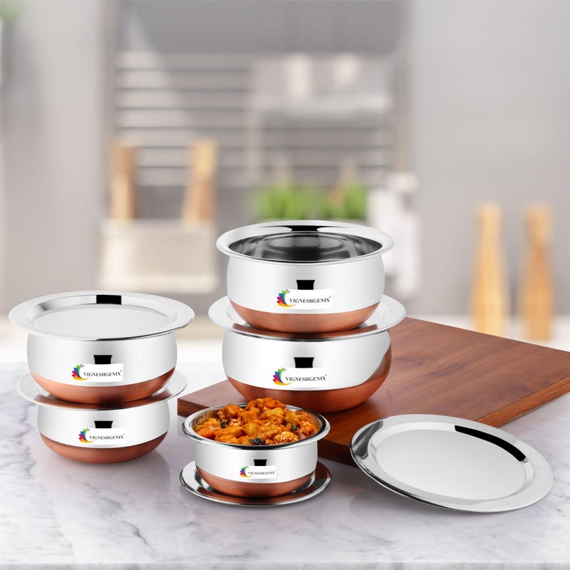 VIGNESHGENIX Handi Set Copper Bottom Handi Set/Cookware Set of 5 Pieces Cooking Serving Bowl biryani Milk Pot pan 0.5 L, 0.8 L, 1.2 L, 1.5 L, 1.8 L ((Copper Handi 5PIC+LID)) - Image 2
