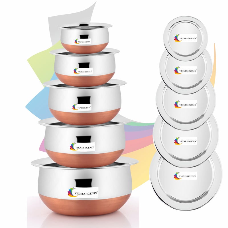 VIGNESHGENIX Handi Set Copper Bottom Handi Set/Cookware Set of 5 Pieces Cooking Serving Bowl biryani Milk Pot pan 0.5 L, 0.8 L, 1.2 L, 1.5 L, 1.8 L ((Copper Handi 5PIC+LID)) - Image 1