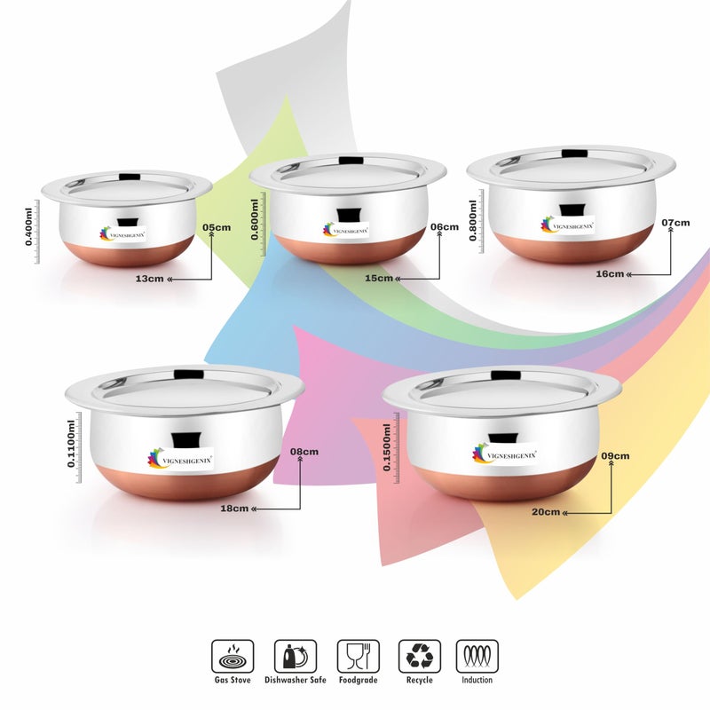 VIGNESHGENIX Handi Set Copper Bottom Handi Set/Cookware Set of 5 Pieces Cooking Serving Bowl biryani Milk Pot pan 0.5 L, 0.8 L, 1.2 L, 1.5 L, 1.8 L ((Copper Handi 5PIC+LID)) - Image 3