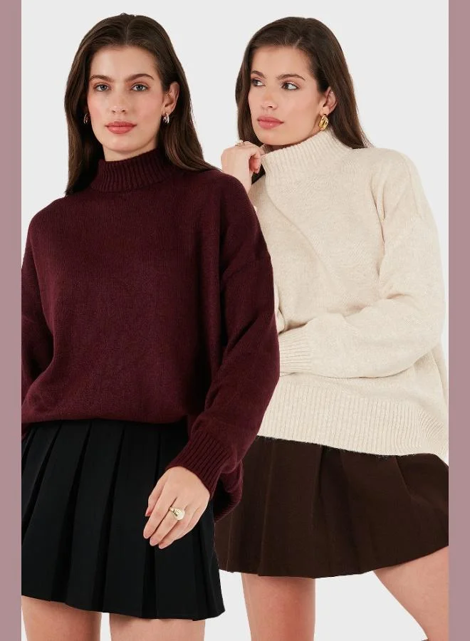 ليلا ليلا سويتر نسائي قطعتين بياقة عالية مقاس كبير ناعم