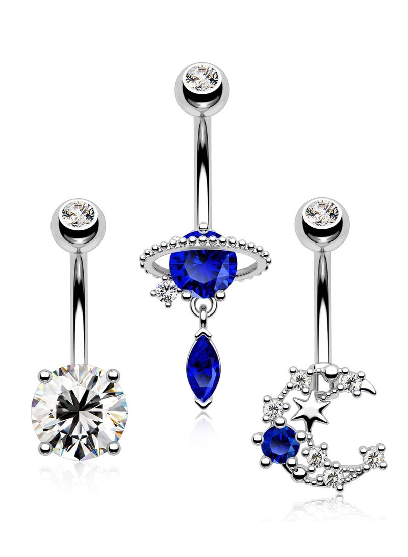 Barakah 3Pcs 14G Belly Button Rings, Stainless Steel 316L Blue Belly Rings, Belly Button Piercings, for Women Navel Piercings Pack, Clear CZ Planet Belly Piercing, Moon Navel Barbell, Body Piercing Jewelry - Image 1