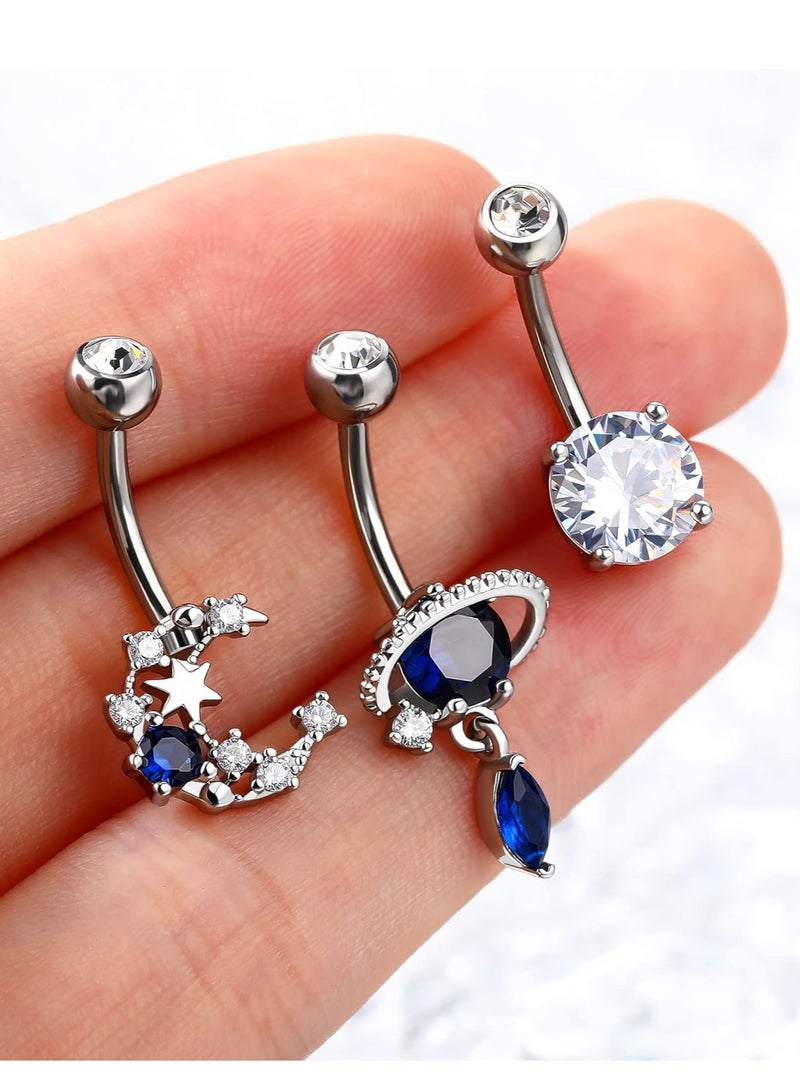 Barakah 3Pcs 14G Belly Button Rings, Stainless Steel 316L Blue Belly Rings, Belly Button Piercings, for Women Navel Piercings Pack, Clear CZ Planet Belly Piercing, Moon Navel Barbell, Body Piercing Jewelry - Image 2
