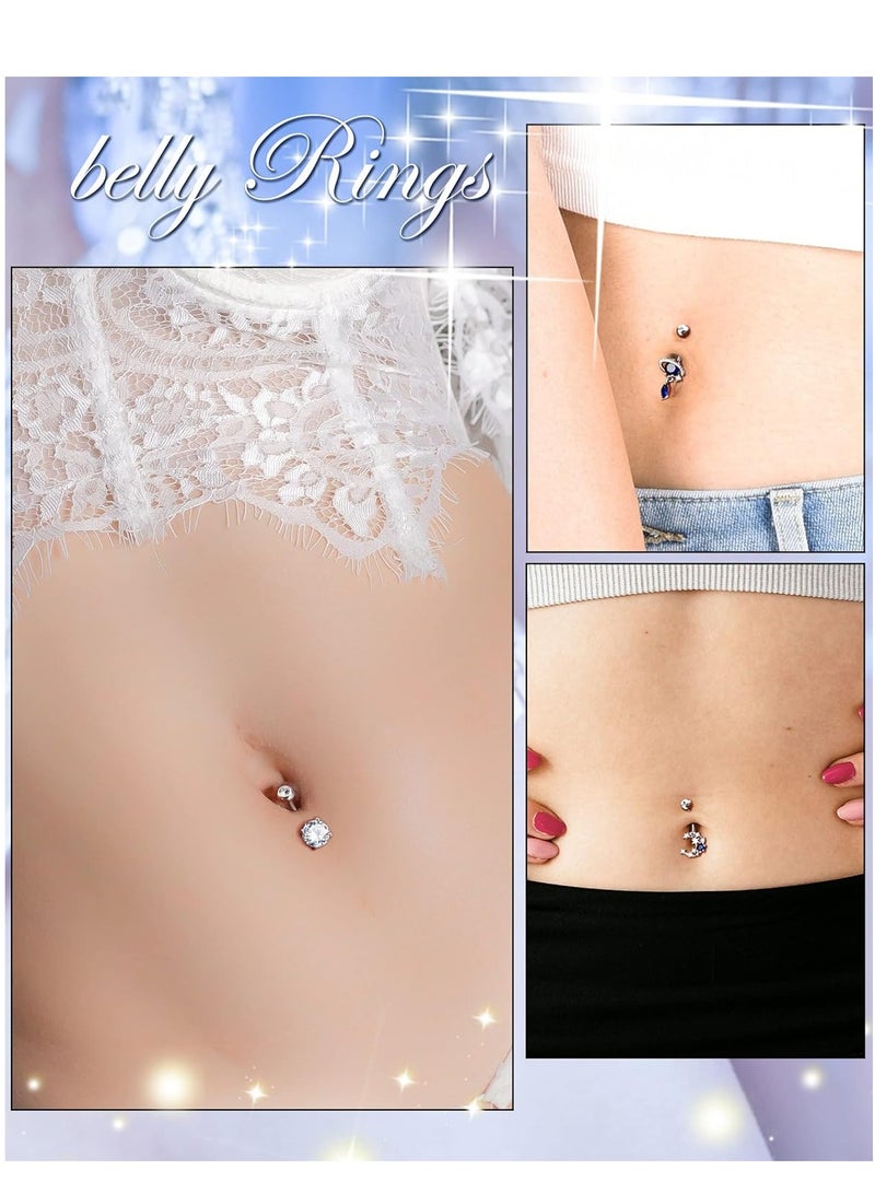 Barakah 3Pcs 14G Belly Button Rings, Stainless Steel 316L Blue Belly Rings, Belly Button Piercings, for Women Navel Piercings Pack, Clear CZ Planet Belly Piercing, Moon Navel Barbell, Body Piercing Jewelry - Image 3