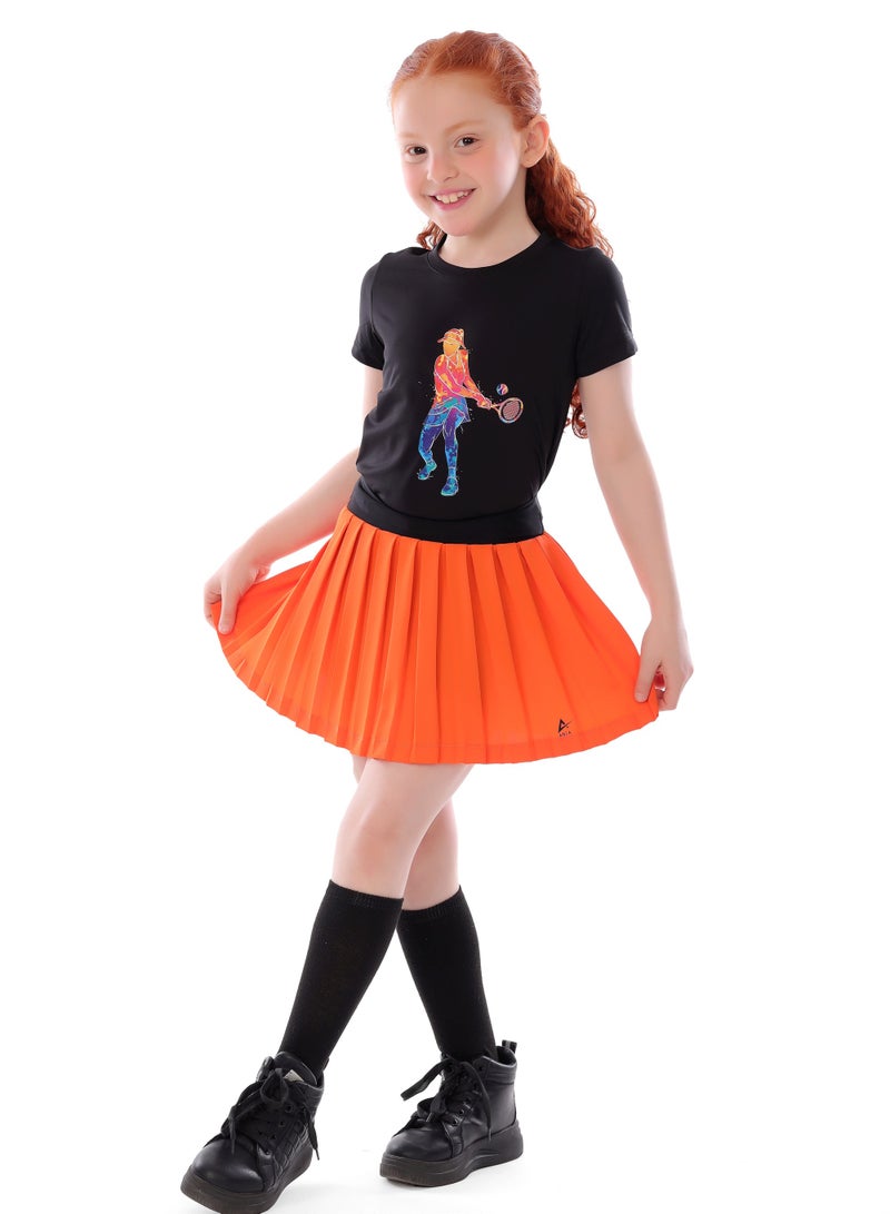 ANJA Girls' Orange Tennis Skirt – Comfortable, Pleated Design 