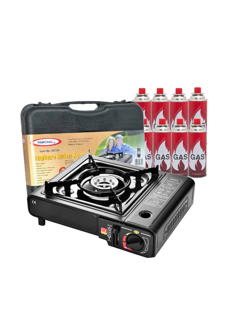 PAMCHAL 8-Pieces Butane Gas Cartridges with Camping Stove and Box
