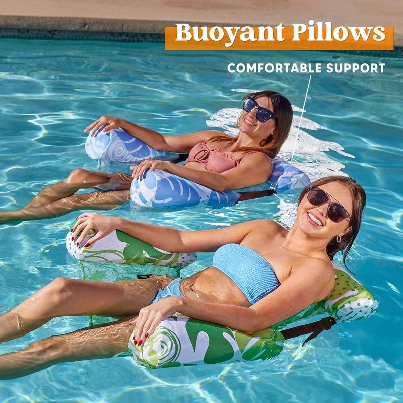 SLOOSH Inflatable Pool Floats Adult,2 Packs Floating Lounge Chairs,Blow up Pool Noodles for Adult Heavy Duty,Floating Chair for Party Summer Water Beach Lake Fun,Summer Leaves-Green,Blue - Image 4