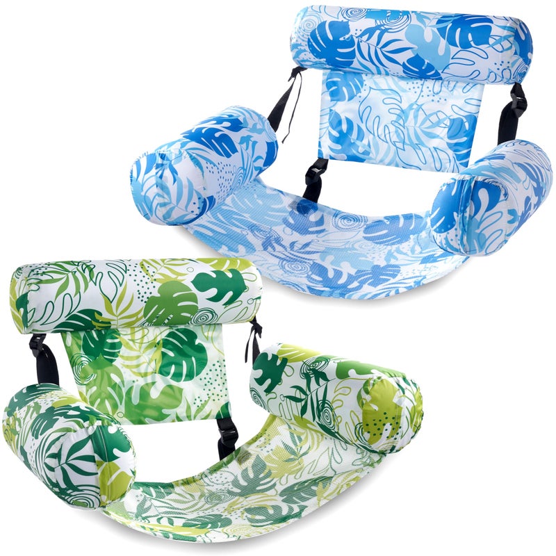 SLOOSH Inflatable Pool Floats Adult,2 Packs Floating Lounge Chairs,Blow up Pool Noodles for Adult Heavy Duty,Floating Chair for Party Summer Water Beach Lake Fun,Summer Leaves-Green,Blue - Image 1