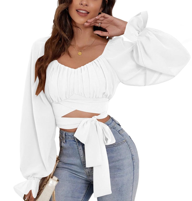 Rooscier Women's Ruched Wrap Square Neck Flounce Long Sleeve Self Tie Crop Top Blouse Solid White Medium - Image 3