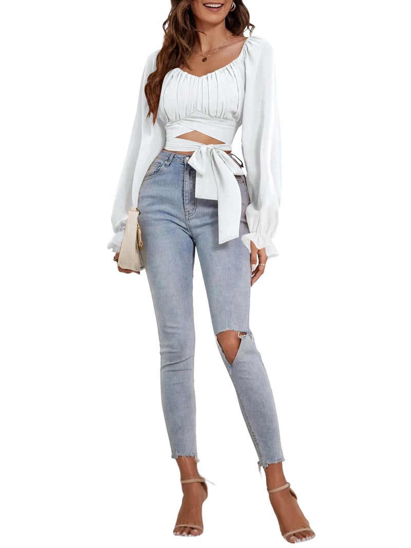 Rooscier Women's Ruched Wrap Square Neck Flounce Long Sleeve Self Tie Crop Top Blouse Solid White Medium - Image 4