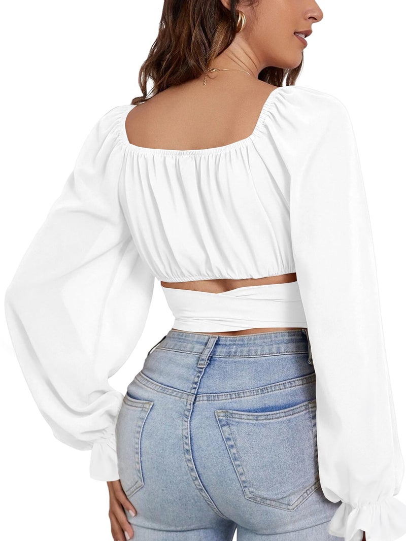 Rooscier Women's Ruched Wrap Square Neck Flounce Long Sleeve Self Tie Crop Top Blouse Solid White Medium - Image 2