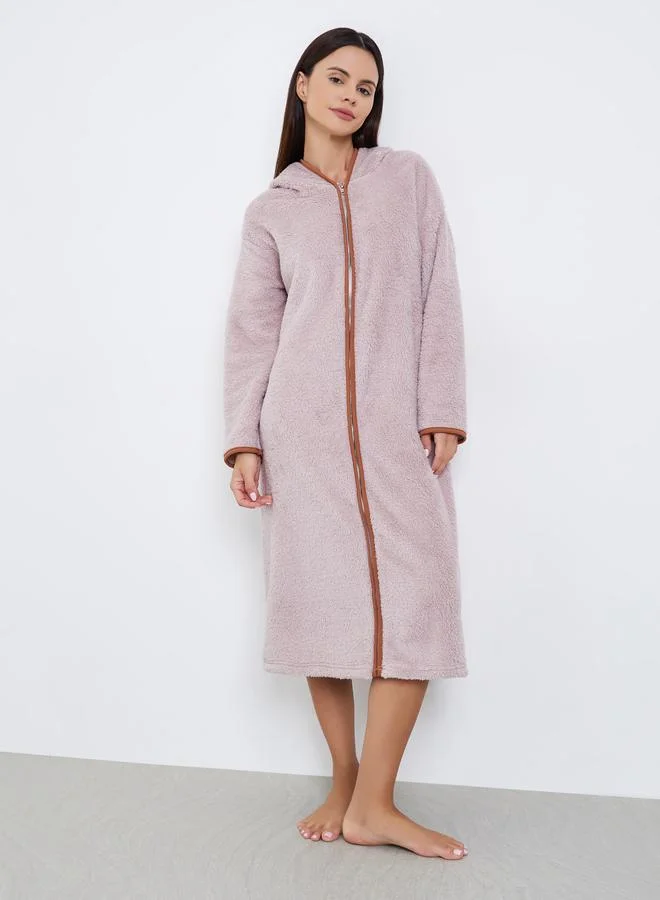 Styli Fleece Zip Through Hooded Nightdress Robe