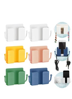 Y&D Wall Mount Phone Holder with Hooks, 6 Pcs Self-Adhesive Organizer Storage Box, Wall-Mounted Charging Stand Remote Control Brackets for Bedroom Bathroom Office and More  - Image 1
