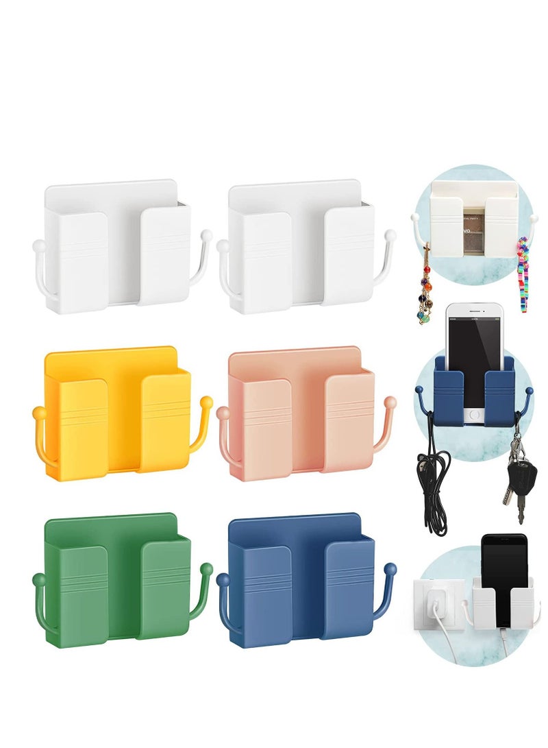 Y&D Wall Mount Phone Holder with Hooks, 6 Pcs Self-Adhesive Organizer Storage Box, Wall-Mounted Charging Stand Remote Control Brackets for Bedroom Bathroom Office and More - Image 1