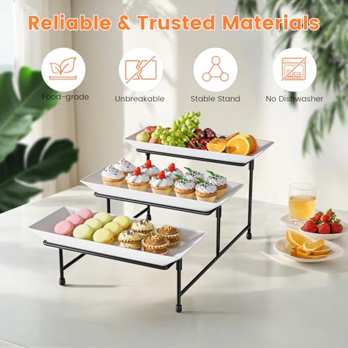 Abiglifty 3 Tier Serving Tray for Party, 12.8"x7.5" BPA Free Food Grade Shatterproof Tiered Serving Platters with Steel Stand, Collapsible Dessert Display for Wedding, Graduation, BBQ, Holiday Events, Black - Image 3