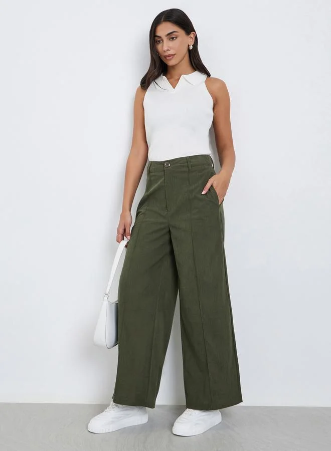Styli Khaki High Rise Wide Leg Trousers