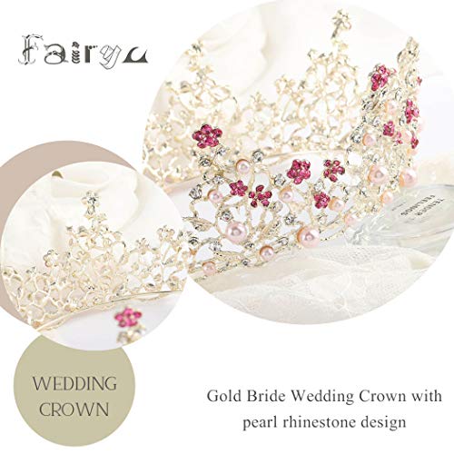 Foyte Fairyu Pearl Wedding Tiaras and Crown Bride Pink Flower Tiaras Baroque Wedding Tiara Hair Accessories for Women - Image 4