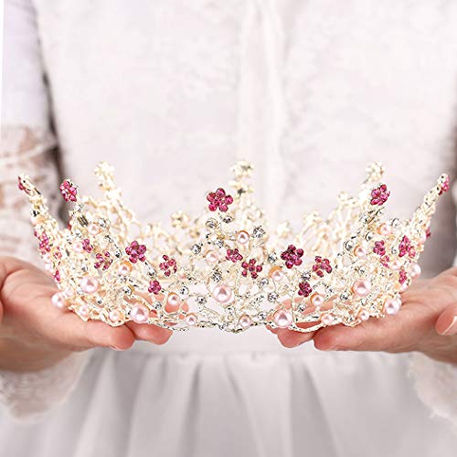 Foyte Fairyu Pearl Wedding Tiaras and Crown Bride Pink Flower Tiaras Baroque Wedding Tiara Hair Accessories for Women - Image 1