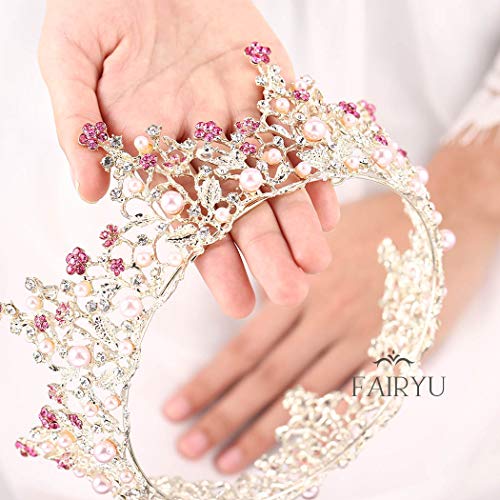 Foyte Fairyu Pearl Wedding Tiaras and Crown Bride Pink Flower Tiaras Baroque Wedding Tiara Hair Accessories for Women - Image 3