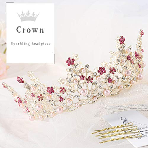 Foyte Fairyu Pearl Wedding Tiaras and Crown Bride Pink Flower Tiaras Baroque Wedding Tiara Hair Accessories for Women - Image 2