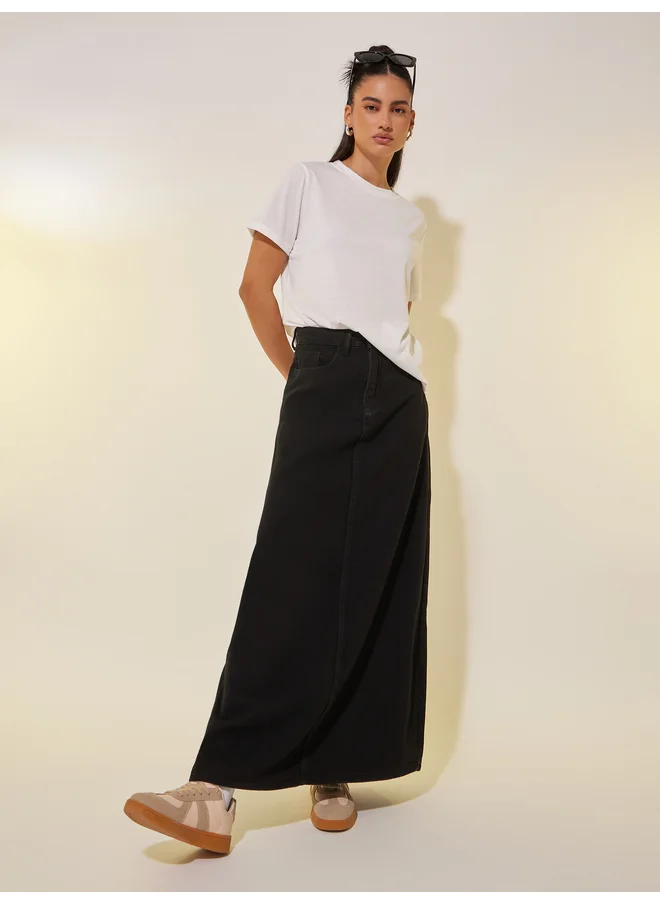تايك تو Take Two Solid Denim A-Line Maxi Skirt with Belt Loops