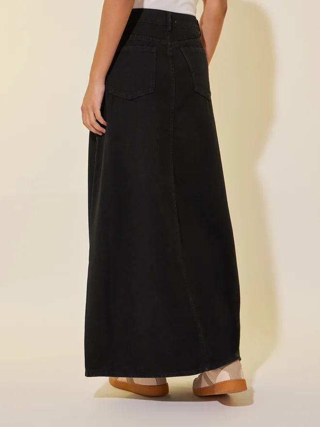 Take Two Take Two Solid Denim A-Line Maxi Skirt with Belt Loops