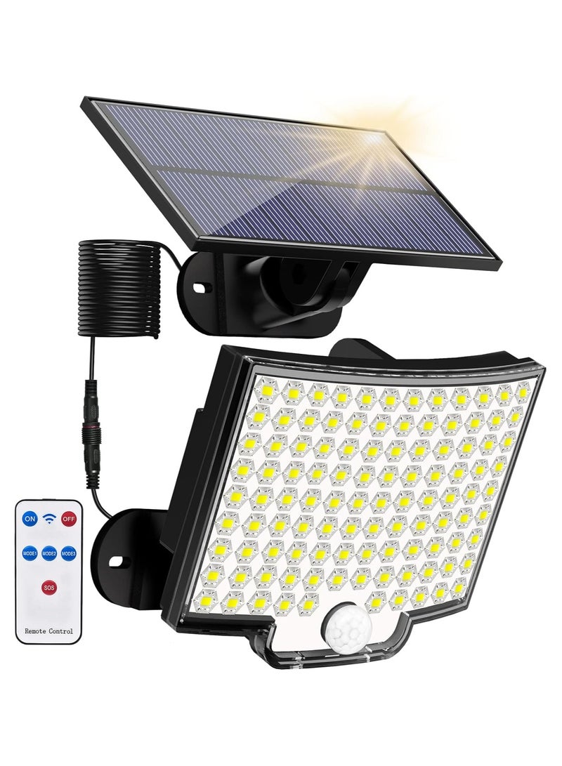أضواء خارجية تعمل بالطاقة الشمسية، 106 مصابيح LED 3000 لومن تعمل بالطاقة الشمسية مع مستشعر حركة وجهاز تحكم عن بعد، مصابيح حائط أمنية تعمل بالطاقة الشمسية من الغسق إلى الفجر مع كابل بطول 16.5 قدم، مقاومة للماء IP65 للاستخدام الخارجي والجراج، عبوة واحدة - Image 1