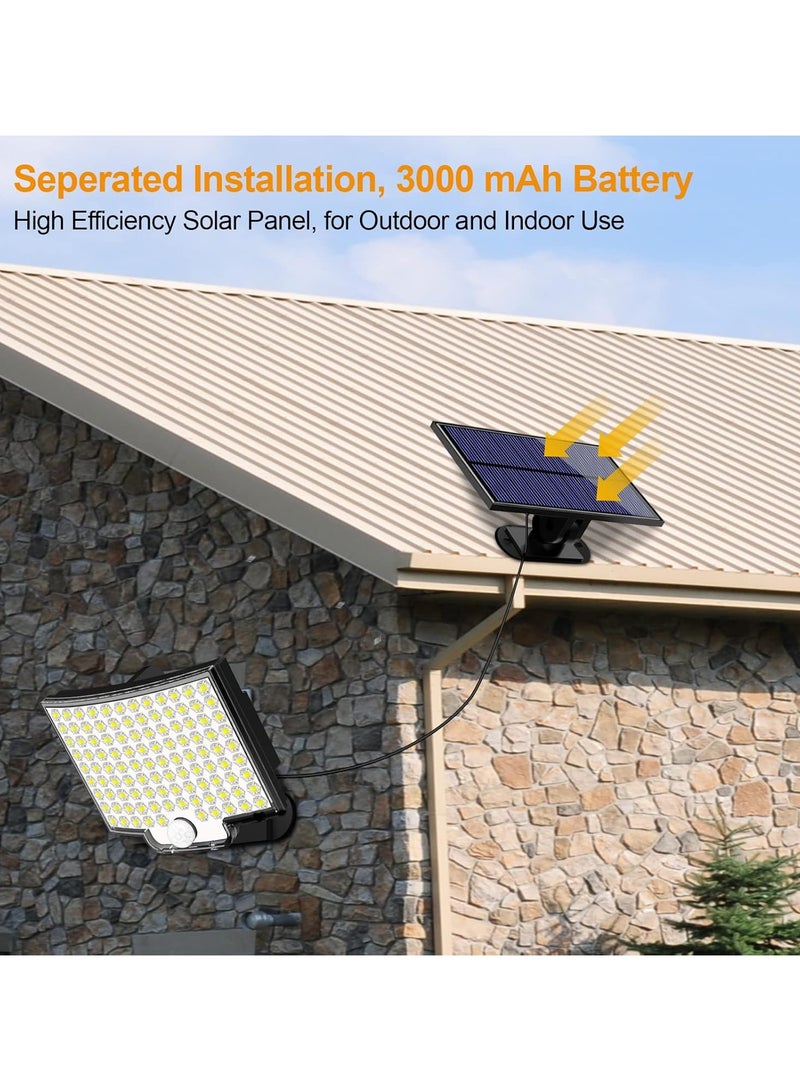 أضواء خارجية تعمل بالطاقة الشمسية، 106 مصابيح LED 3000 لومن تعمل بالطاقة الشمسية مع مستشعر حركة وجهاز تحكم عن بعد، مصابيح حائط أمنية تعمل بالطاقة الشمسية من الغسق إلى الفجر مع كابل بطول 16.5 قدم، مقاومة للماء IP65 للاستخدام الخارجي والجراج، عبوة واحدة - Image 2