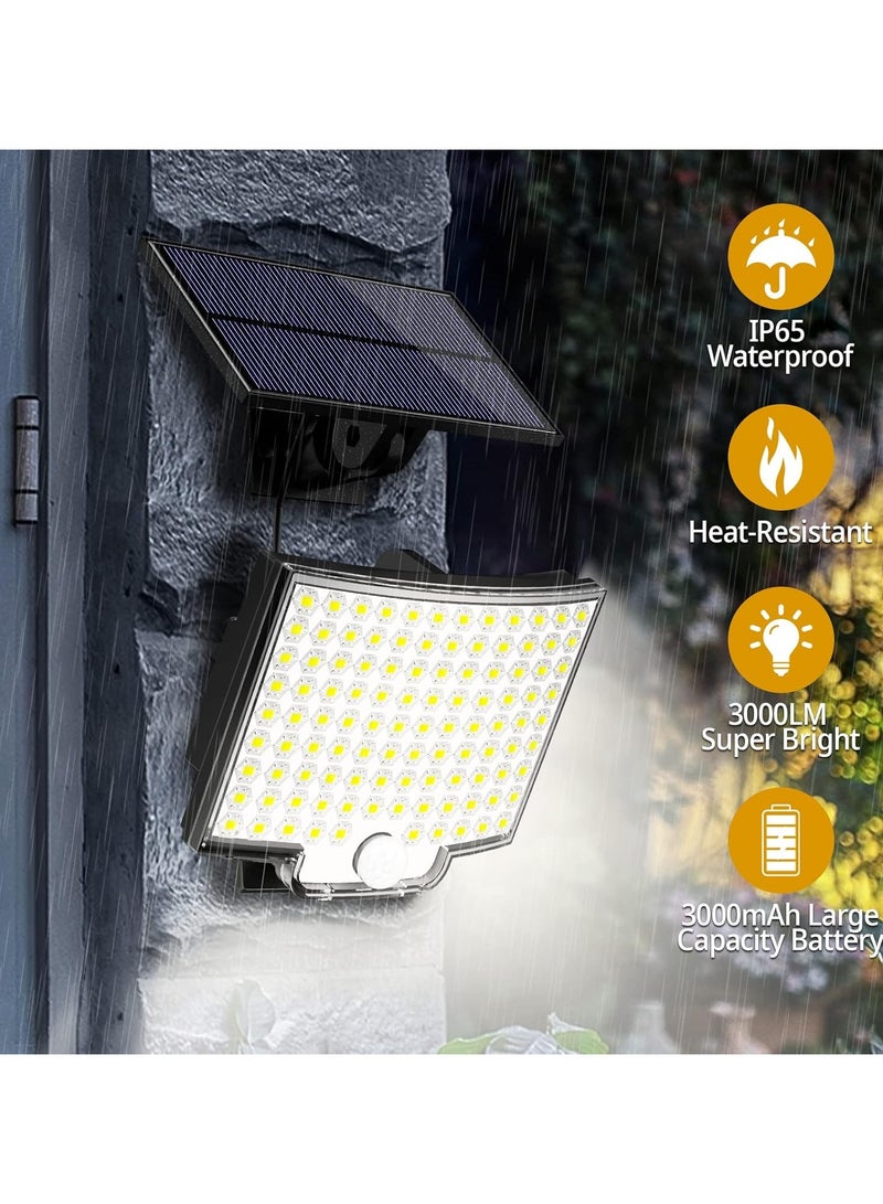 أضواء خارجية تعمل بالطاقة الشمسية، 106 مصابيح LED 3000 لومن تعمل بالطاقة الشمسية مع مستشعر حركة وجهاز تحكم عن بعد، مصابيح حائط أمنية تعمل بالطاقة الشمسية من الغسق إلى الفجر مع كابل بطول 16.5 قدم، مقاومة للماء IP65 للاستخدام الخارجي والجراج، عبوة واحدة - Image 4