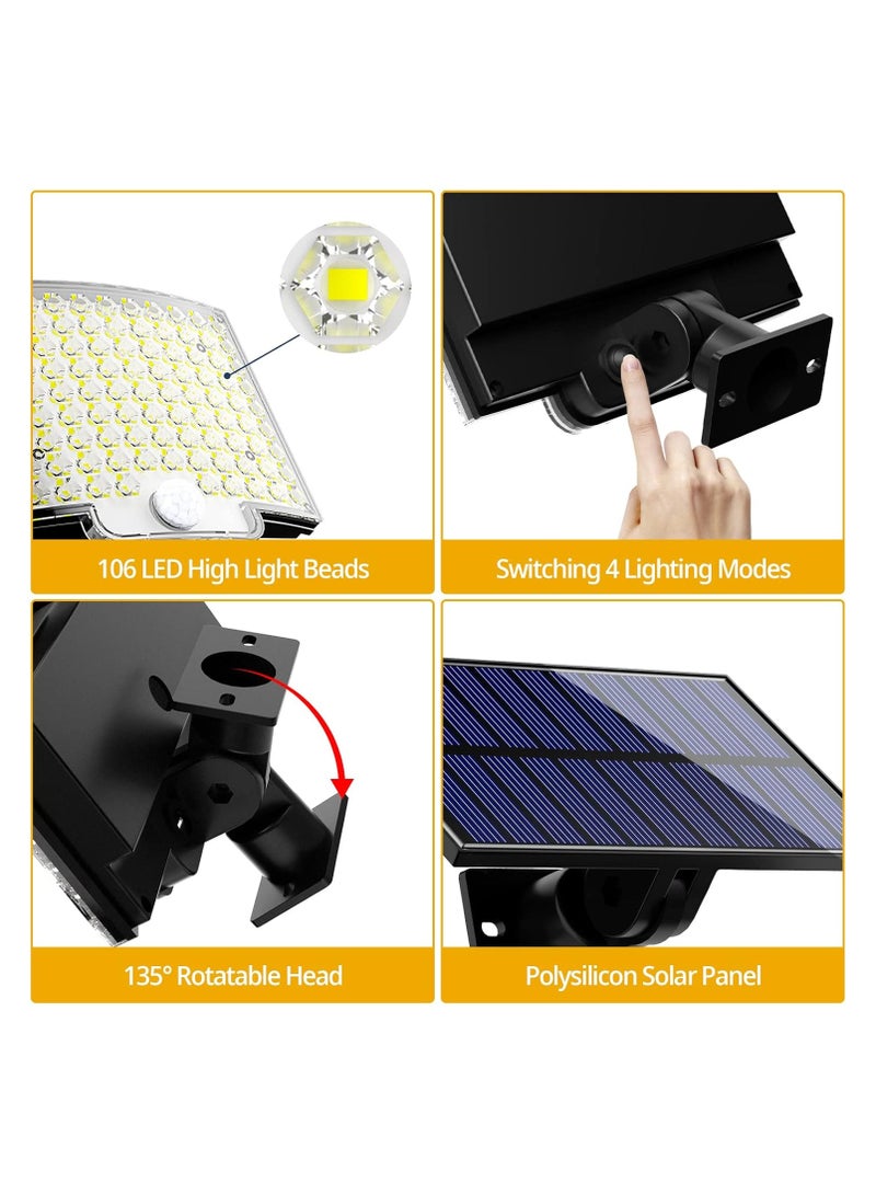 أضواء خارجية تعمل بالطاقة الشمسية، 106 مصابيح LED 3000 لومن تعمل بالطاقة الشمسية مع مستشعر حركة وجهاز تحكم عن بعد، مصابيح حائط أمنية تعمل بالطاقة الشمسية من الغسق إلى الفجر مع كابل بطول 16.5 قدم، مقاومة للماء IP65 للاستخدام الخارجي والجراج، عبوة واحدة - Image 5