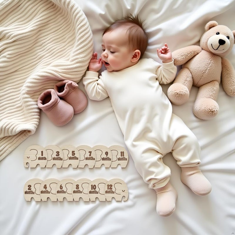 Kate & Milo Wooden Milestone Props, Baby Monthly Photo Discs, Newborn Keepsake Photos, New and Expecting Parents Gift, Elephant - Image 5